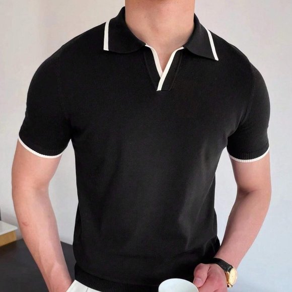Black Preppy Mens Contrast Trim Knit Top classic chic - Picture 4 of 4